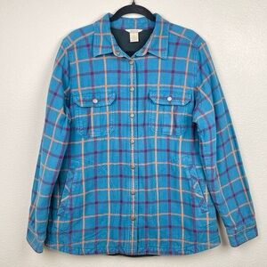 Duluth Women's Large Free Swingin' Lined Flannel Shirt Jacket Shacket Plaid Blue